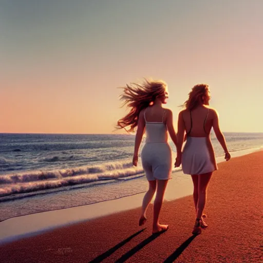 Prompt: beautiful hyperdetailed photograph of jennifer lawrence and jennifer lawrence taking a walk at the beach, golden hour, soft focus, medium shot, 8 k, portra 4 0 0