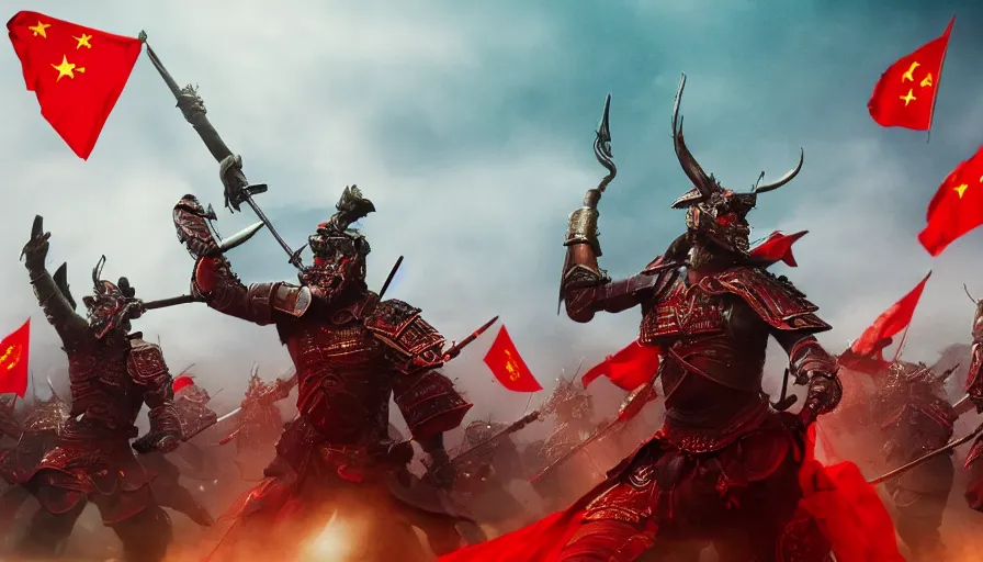 Prompt: mid shot cinematic artwork of President Xi with glowing red eyes on a Chinese dragon above an army of ancient Chinese warriors wearing red armor and holding red flags by greg rutowski, masterpiece, 4k