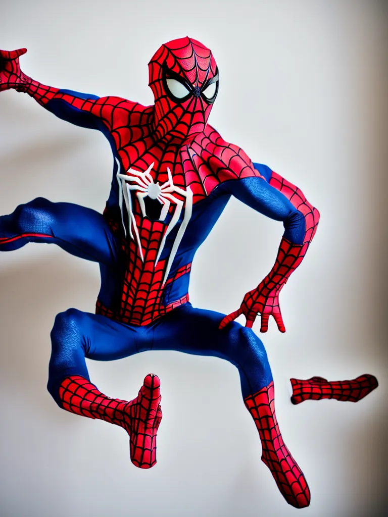 Image similar to Gopnik as Spider man, adidas costume, 50 mm lens photo portrait