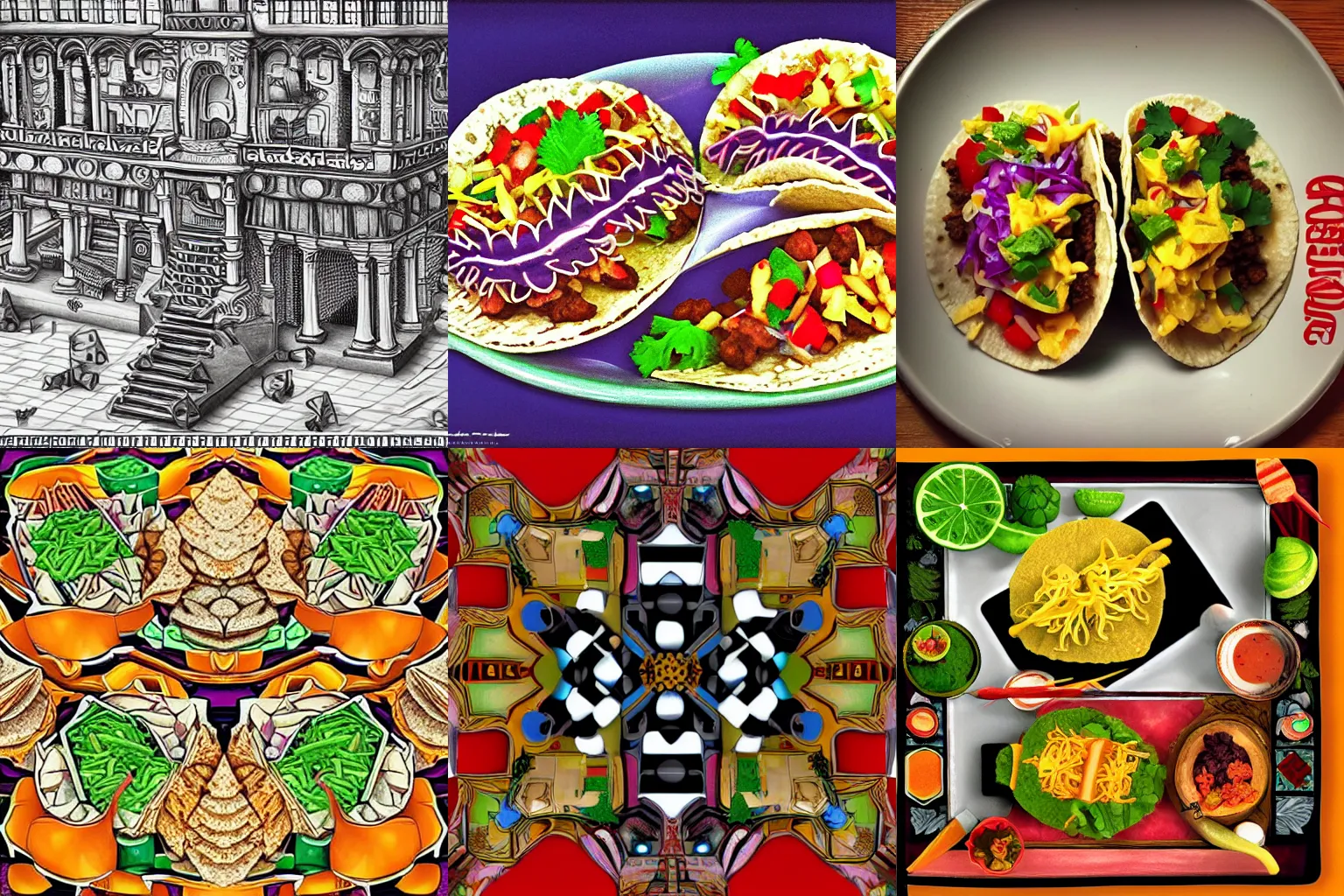 Prompt: taco tuesday, highly detailed, in the style of mc escher