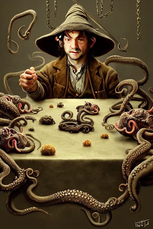 Image similar to dirty faced and very happy hobbit looking the table full of fook, hobbit is wearing a hat made of octopuss, fantasy, intricate, elegant, highly detailed, digital painting, artstation, concept art, addiction, chains, smooth, sharp focus, illustration, art by Ilja Repin