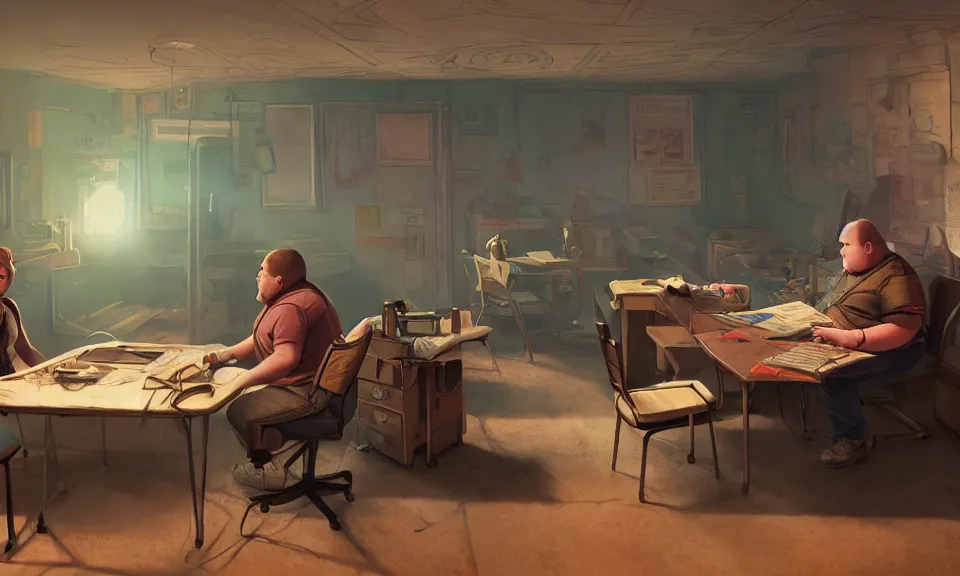 Prompt: artstation scifi scene of a shabby american room in 1 9 6 0 s, a fat boy plays dungeons and dragons with a girl, unreal engine 5, hyper realism, realistic shading, cinematic composition, blender render, octane render, hdr, detailed textures, photorealistic, wide shot