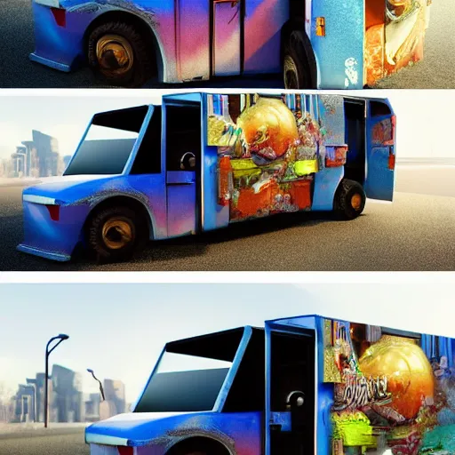 Image similar to a cyberpunk ice cream truck, highly detailed epic, CG render digital painting artwork by Greg Rutkowski, John Berkey, Alexander Jansson, Kuvshinov, WLOP, Artgerm, trending on ArtStation, intricate artwork by Tooth Wu, Wlop and Beeple. octane render, trending on artstation, greg rutkowski very coherent symmetrical artwork, bokeh, cinematic, hyper realism, high detail, octane render, vervia, 8k