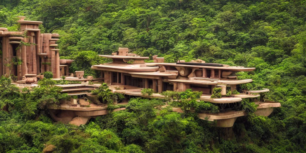 Image similar to cinematic still of hyper detailed highway realistic afro futurist house in a jungle by frank lloyd wright architect, helicopters, wide angle, insanely detailed and intricate, summer colors