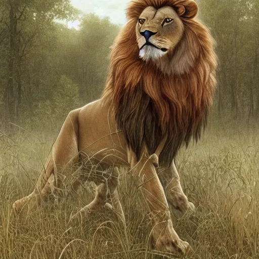 Image similar to clear portrait of a anorexic lion, hideous appearance, nature background, malnourished, cottagecore!!, background hyper detailed, character concept, full body, dynamic pose, intricate, elegant, highly detailed, digital painting, artstation, concept art, smooth, sharp focus, illustration, art by artgerm and greg rutkowski and alphonse mucha