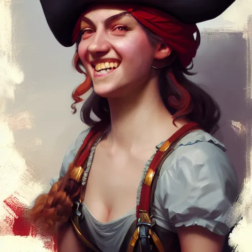 Prompt: portrait painting of a pirate queen age 2 5, bright and energetic, with a sweet smile and floofy hair, render cinematic lighting art 1 9 2 0 period drama by bussiere rutkowski andreas rocha