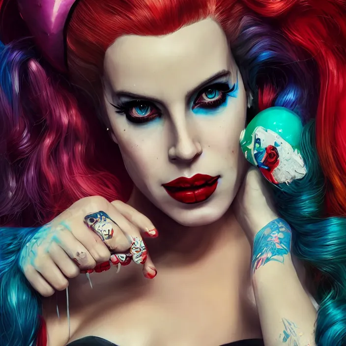 Image similar to portrait of lana del ray as a harley quinn. intricate abstract. intricate artwork. smooth. by Tooth Wu, wlop, beeple, dan mumford. octane render, trending on artstation, greg rutkowski very coherent symmetrical artwork. cinematic, hyper realism, high detail, octane render, 8k, iridescent accents