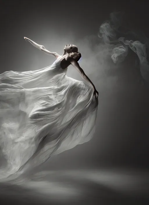 Image similar to a Photorealistic dramatic hyperrealistic render of a beautiful Female smoke dancer by Ken Brower and Deborah Ory of NYC Dance project,Lois Greenfield,Flowing cloth and smoke,Beautiful dynamic dramatic dark moody lighting,volumetric,shadows,cinematic atmosphere,Octane render,8K