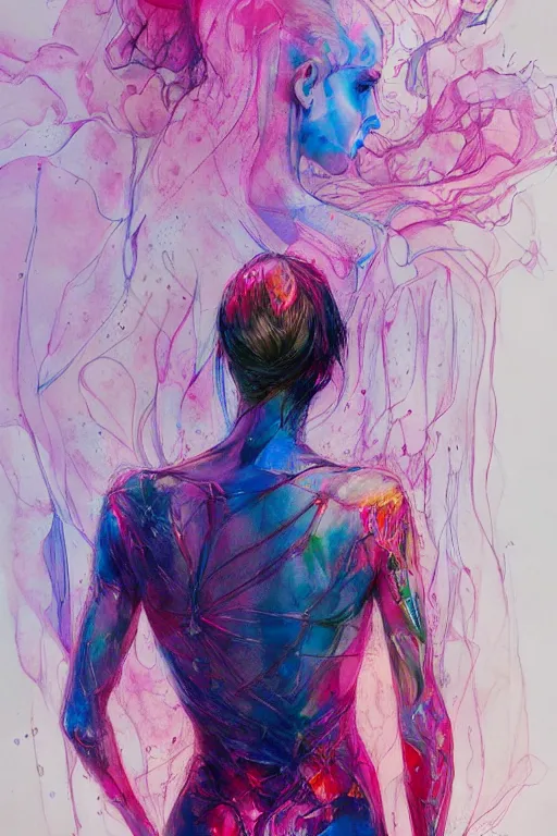 Image similar to gal gadot by agnes cecile enki bilal moebius, intricated details, 3 / 4 back view, full body portrait, extremely luminous bright design, pastel colours, drips, autumn lights