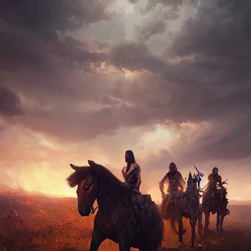 Prompt: the four riders and their horses of the apocalypse, digital Art, Greg rutkowski, Trending artstation, cinematographic, hyperrealistic