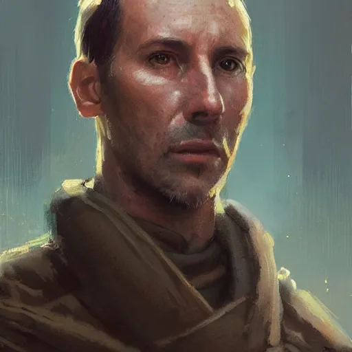 Image similar to portrait of a man by greg rutkowski, a jedi commander, british features, short copper hair, straight jaw, wise appearance, wearing the tactical gear of the galactic alliance, star wars expanded universe, he is about 4 0 years old, highly detailed portrait, digital painting, artstation, concept art, smooth, sharp foccus ilustration, artstation hq