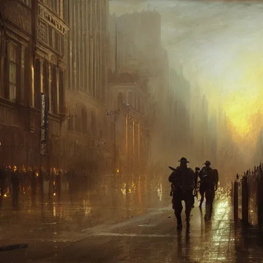 Image similar to highly detailed painting of metrocops patrolling city - 1 7, shotgun in hand, streets of nyc, by william turner, by greg rutkowski, by william constable, thick brush strokes and visible paint layers, 4 k resolution