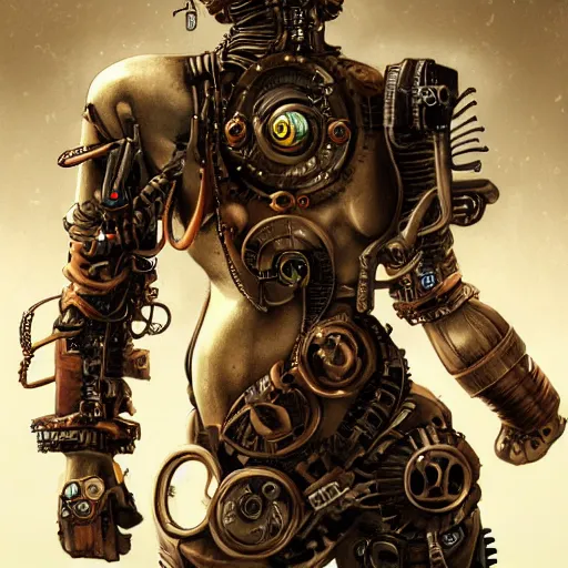 Image similar to portrait painting of a steampunk cyborg mma fighter, transhumanism, ultra realistic, concept art, studio ghibli, intricate details, eerie highly detailed