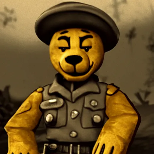 Image similar to golden freddy as a soldier in world war two, trenches, film grain