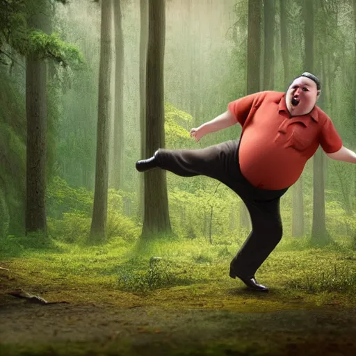 Image similar to fat happy man tap dancing on a table in a forrest, stunning detail, hyperreal rendering, octane render, highly detailed, cinematography atmosphere, dramatic, 4k