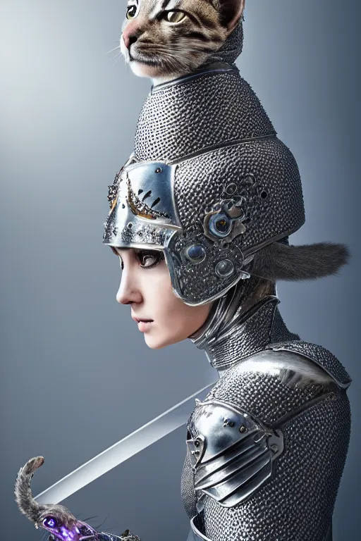 Image similar to female knight wearing a real cat on her head, armor designed by wayne barlowe, swarovski and tiffany, blonde hair, symmetry, sci - fi, cinematic, elegant, luxury, perfect light, perfect composition, dlsr photography, sharp focus, dark fantasy, 4 k, ultra hd, sense of awe, highly detailed, realistic, intricate