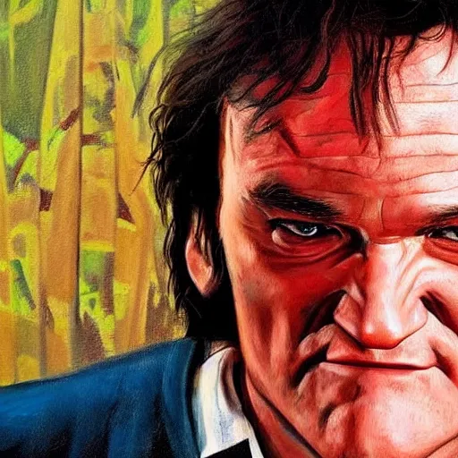 Prompt: the hyper - realistic painting of quentin tarantino regardant son prochain film au cinema