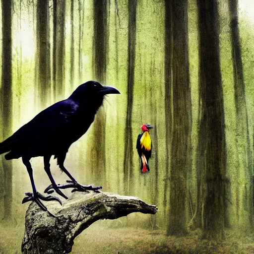Image similar to mixture between a!!!! human and crow, photograph captured in a forest
