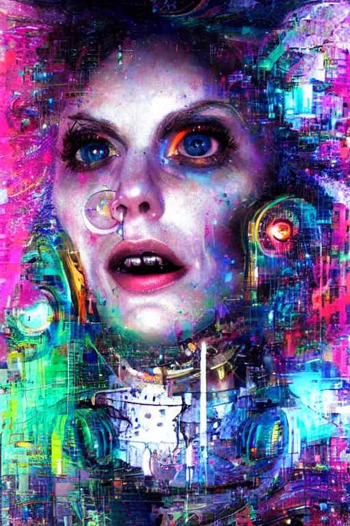 Image similar to portrait, headshot, digital painting, an delightfully mad techno - shaman lady, wink, synthwave, swirly bokeh, glitch, refraction, fracture, realistic, hyperdetailed, chiaroscuro, concept art, madness, art by john berkey