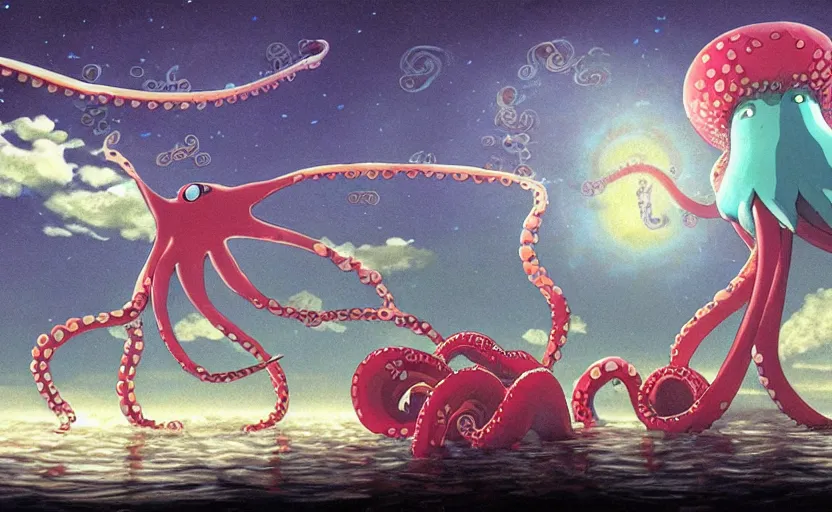 Image similar to a realistic cell - shaded studio ghibli concept art from paprika ( 2 0 0 6 ) of a flying multi - colored octopus from close encounters of the third kind ( 1 9 7 7 ) and dimensional portal to another world above a flooded temple complex on a misty starry night. very dull colors, wide shot, hd, 4 k, hq