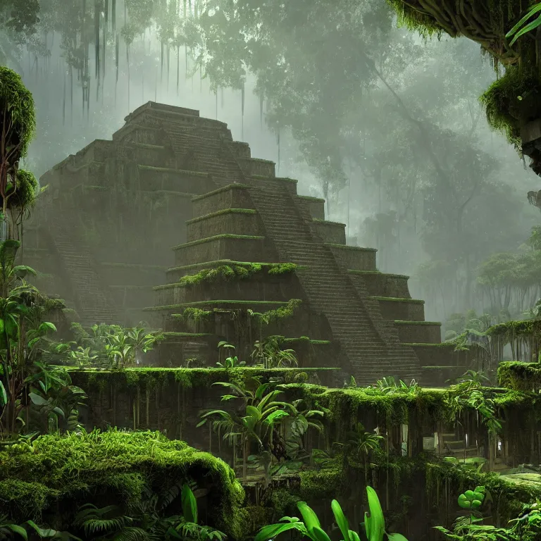 Image similar to a lost ancient mayan futuristic city in the jungle with vines and moss covering the ruins mysterious enigmatic unreal engine 4 k by iain mccaig and jan toorop