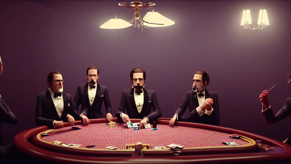 Prompt: hyperrealism simulation highly detailed human octopuses'wearing detailed tuxedos and smoking, playing poker in surreal scene from art house movie from future by wes anderson and denis villeneuve and mike winkelmann rendered in blender and octane render