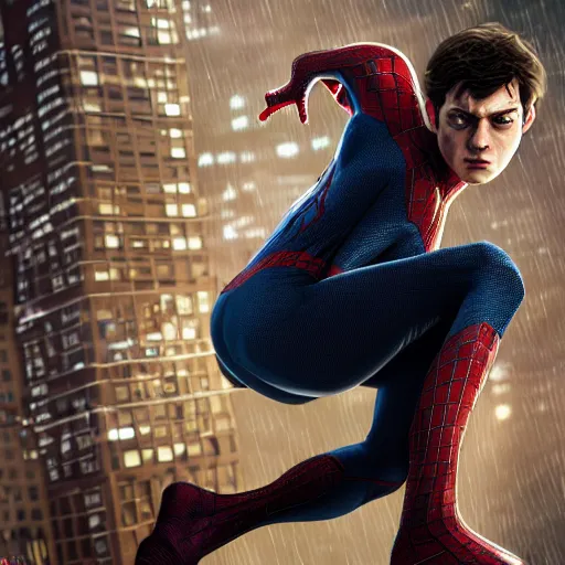 Prompt: Peter Parker as Spiderman , heavy rain ,dramatic, intricate, highly detailed, concept art, smooth, sharp focus, illustration, Unreal Engine 5, 8K