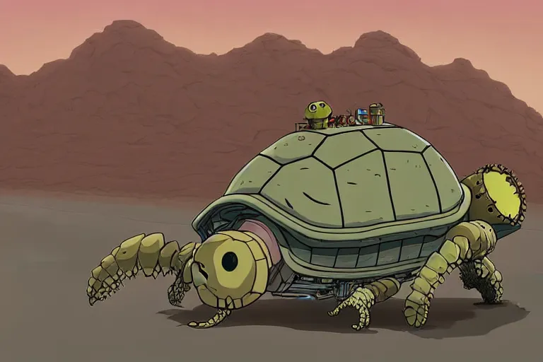 Prompt: a cell shaded cartoon of a lovecraftian mechanized turtle from howl's moving castle ( 2 0 0 4 ), on a desert road, full body, wide shot, very muted colors, post grunge, studio ghibli, laurie greasley, highly detailed, deviantart, art by artgem