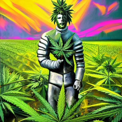 Image similar to a high detailed oil painting of knight holding a cannabis leaf in a field of cannabis plants. vaporwave. colorful. trending on artstation