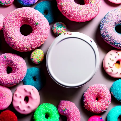 Prompt: photo of toilet filled with pink-frosted donuts and colorful sprinkles, 50mm, beautiful photo