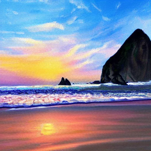 Image similar to cannon beach realistic painting at sunset