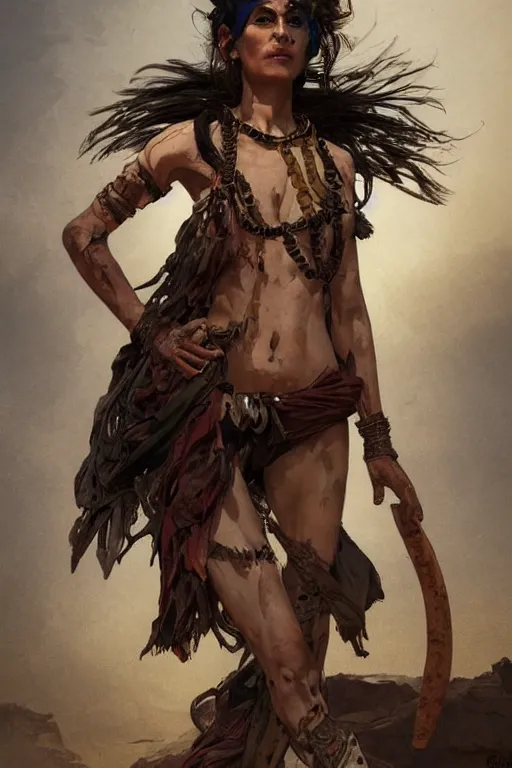 Image similar to a full body portrait of a beautiful post apocalyptic offworld desert bedouin thief savage rogue in beggars clothes in ballet pose by the emerald oasis pools, intricate, elegant, highly detailed, digital painting, artstation, concept art, smooth, sharp focus, illustration, art by krenz cushart and artem demura and alphonse mucha