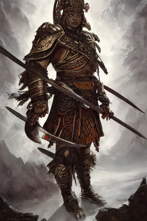 Image similar to Huge tribal oriental warrior in armor and in praying buddha position, portrait, woodlands, magic the gathering artwork, D&D, fantasy, cinematic lighting, centered, symmetrical, highly detailed, digital painting, artstation, concept art, smooth, sharp focus, illustration, volumetric lighting, epic Composition, 8k, art by Akihiko Yoshida and Greg Rutkowski and Craig Mullins, oil painting, cgsociety