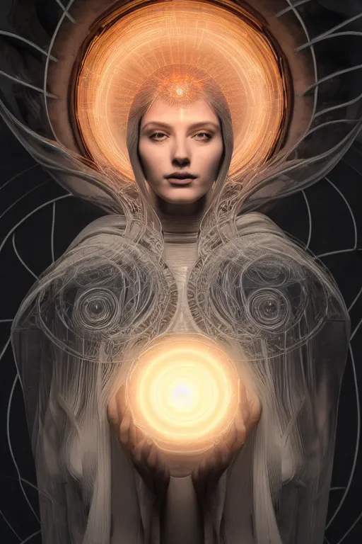 Image similar to a centered render of a goddess emitting a glorious energy from a circular portal on her head and is surrounded by spiral mandel bulb fractals, powerful, cinematic, beautifully lit, by artgerm, by h. r. giger, 3 d, trending on artstation, octane render, 8 k