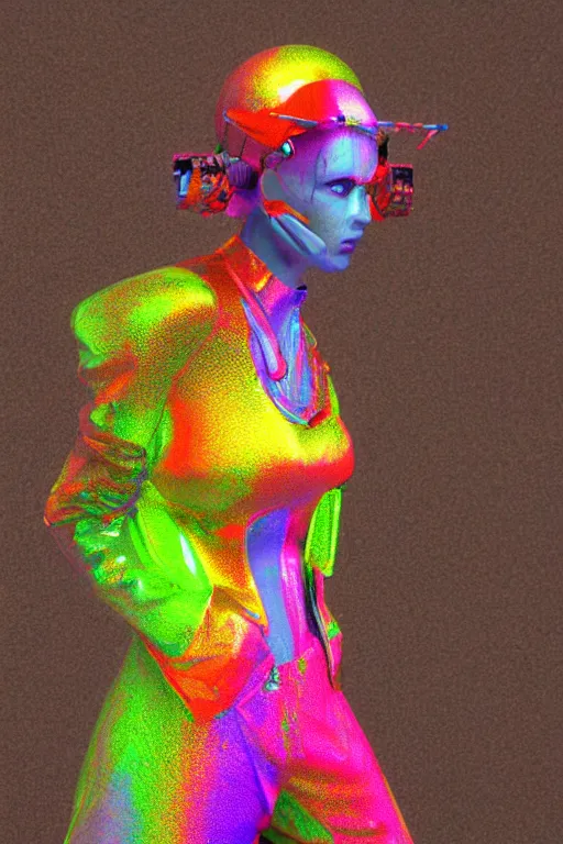 Prompt: a scene with a character wearing a super colorful fluo suit, vivienne westwood, detailed photoreal render octane render, pointillism, painting