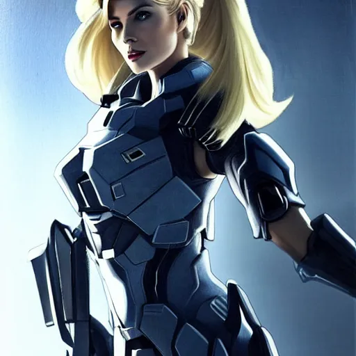 Image similar to A combination of Ashley Greene's and Ada Wong's and Grace Kelly's appearances with blonde hair wearing Forerunner armor from Halo, high tech, action shot, angular, full body portrait, futuristic, dramatic, fantasy, intricate, elegant, highly detailed, artstation, matte, sharp focus, 8K, art by Artgerm and Greg Rutkowski and Alphonse Mucha