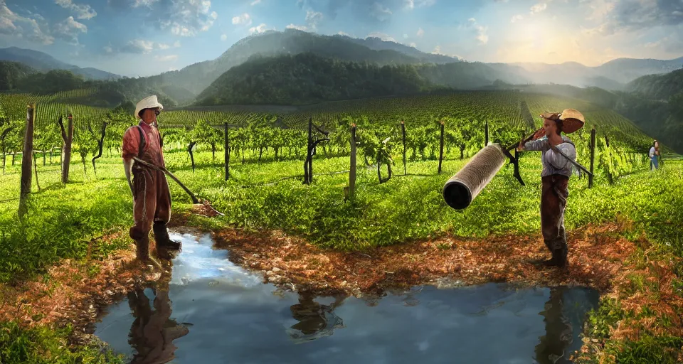 Prompt: A beautiful hyper realistic ultra detailed lifelike matte painting of traditional austrian vineyard worker, water reflection, unreal engine, deviantart, flickr, artstation, octane render, textured, colorful, extreme realistic detail, physically based rendering, pbr render, very detailed, volumetric lighting, detailed lighting, octane render, 4k, cinematic lighting, 8k resolution