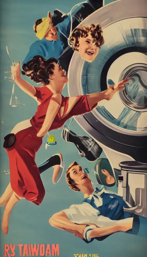 Image similar to attack of the washing machines and flying socks, 1 9 5 0 s science fiction poster, retrofuturism, behance, trending on artstation