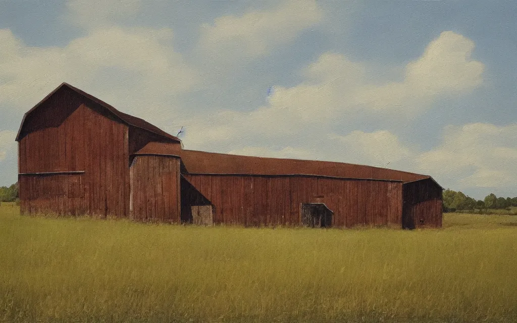 Image similar to a painting of an empty barn in summer, by peteris kalve, oil on canvas