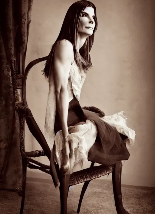 Prompt: Sandra Bullock for Victorian Secret, sitting on a chair, natural pose ,by nick knight, color photography, full length shot, extremely detailed, 50mm, natural light, m, rule of thirds, symmetrical balance, depth layering, polarizing filter, Sense of Depth