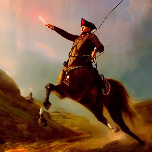 Image similar to gopro footage of napoleon on his horse fighting in waterloo, trending artstation, hyper realistic, very detailed, dramatic scene, realistic lighting, anime, 4 k