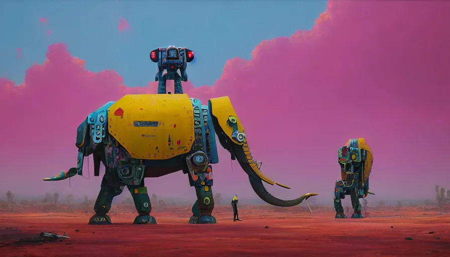 Image similar to an intricate oil painting of a giant south african armored elephant mecha by simon stalenhag, pink, yellow and cyan paint decals