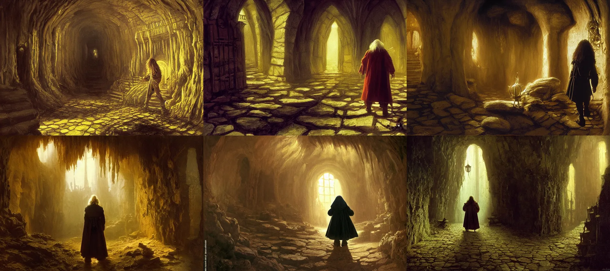 Prompt: a wizard walking through a dungeon, looks like it's from labyrinth, dark crystal and bazaar, painting by albert bierstadt, ultrawide angle, f 1 6, golden ratio, f 3 2, well composed, cohesive