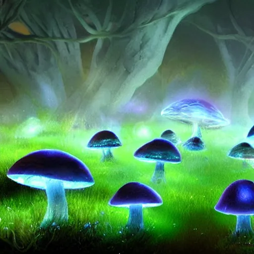 Prompt: field of bioluminescent glowing mushrooms, fantasy concept art, award winning art