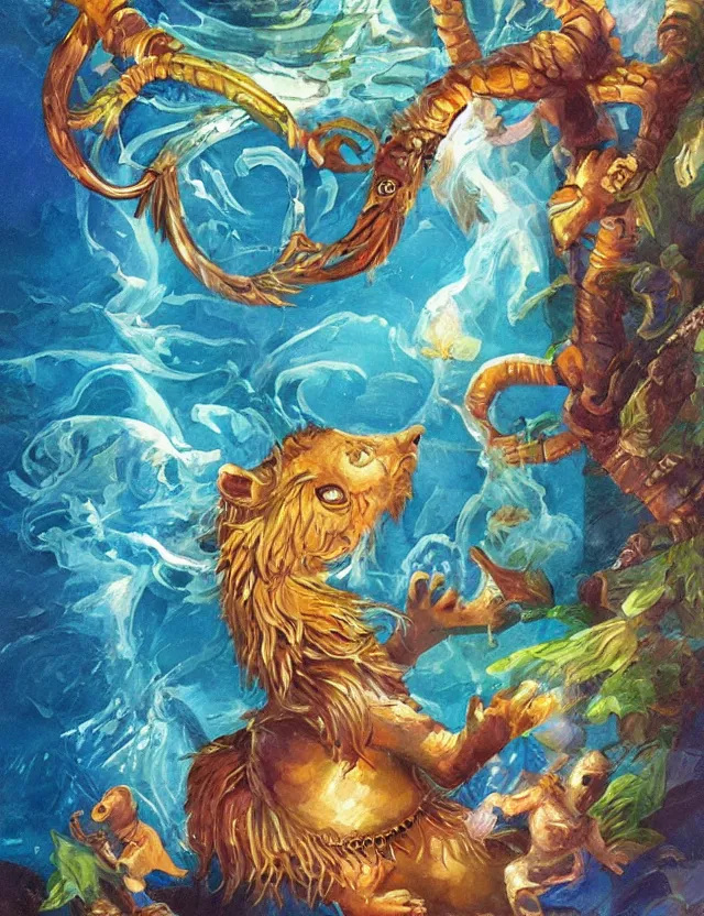 Prompt: animal god of water and gemstones. this oil painting by the beloved children's book illustrator has interesting color contrasts, plenty of details and impeccable lighting.