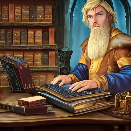 Image similar to A blond bearded D&D wizard in a wide brimmed hat using magical computer equipment at a desk cluttered with tomes, Pathfinder D&D character portrait