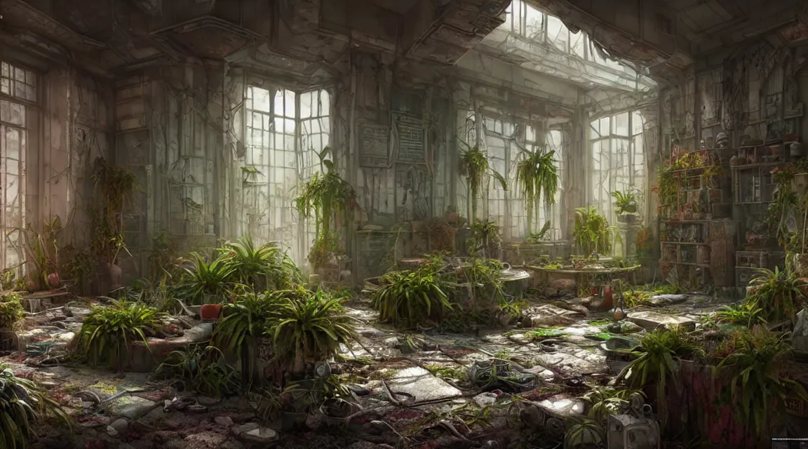 Image similar to post apocalyptic palace interior, interior plants, colorful color scheme, trending on cgsociety, photorealistic, hyperdetailed, hyperrealistic, game cg