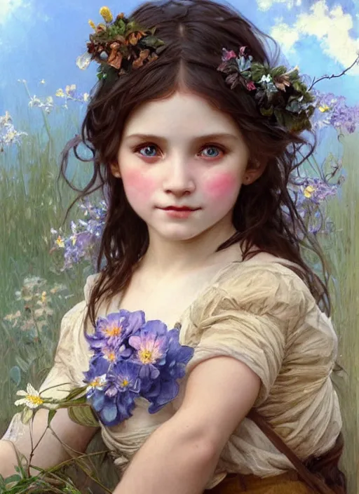Image similar to a little girl with short wavy brown hair and blue eyes with her face painted. face painting of flowers. beautiful highly detailed face. painting by artgerm and greg rutkowski and alphonse mucha.