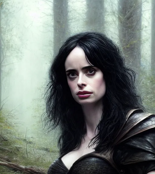 Image similar to 5 5 mm close up portrait photo of krysten ritter as yennefer of vengerberg in black leather armor and long black thick hair who has purple eyes, in a forest. magical atmosphere. art by greg rutkowski. lifelike. very detailed 8 k. intricate. soft light. nikon d 8 5 0.