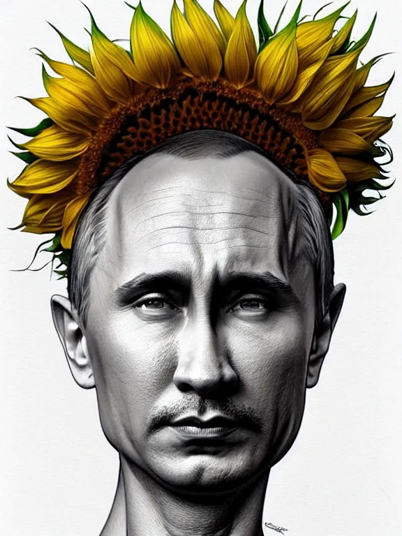 Image similar to digital art, centered full body of Putin smiling king, Sunflower crown, ,intricate, veins, by James Jean and by artgerm , by ross tran ultradetailed, charachter design, concept art, trending on artstation,